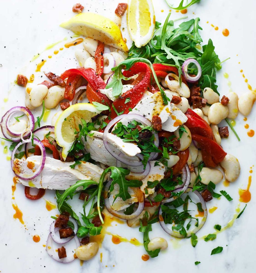 Warm butter bean, chicken and chorizo salad