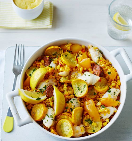 Monkfish, chorizo and vegetable paella with saffron aioli