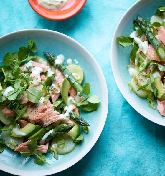 Hot smoked trout, new potato and pea shoot salad