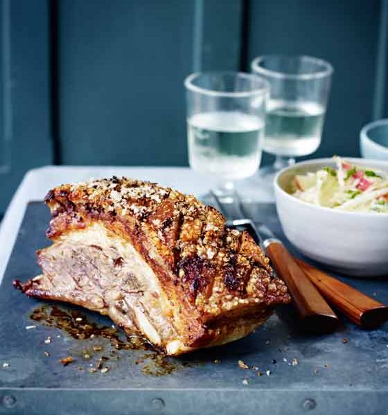 Slow-roast pork belly with apple, celeriac and fennel slaw