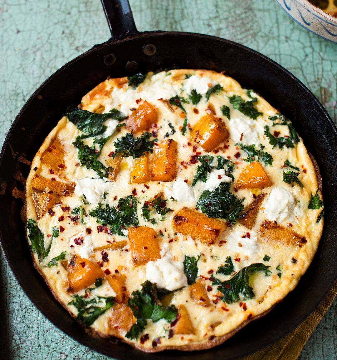 Pumpkin, kale and goats’ cheese frittata