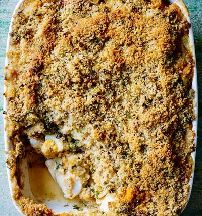 Lightly curried haddock pie with crunchy mustard seed and cardamom crumbs