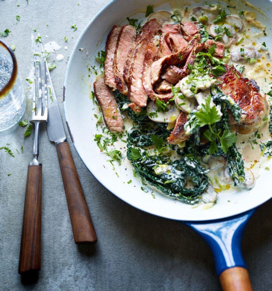 Steak with creamy cavolo nero and mushrooms