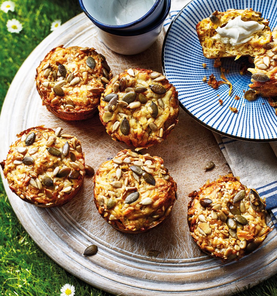 Cheesy flaxseed and carrot muffins
