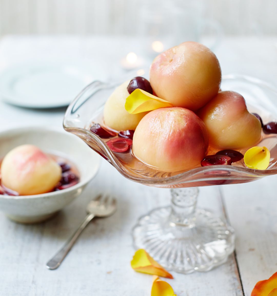 Poached nectarines in elderflower and lemon syrup