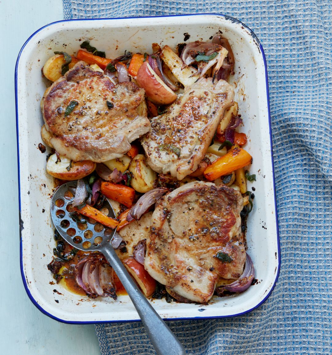 Pork chop, root veg and apple traybake