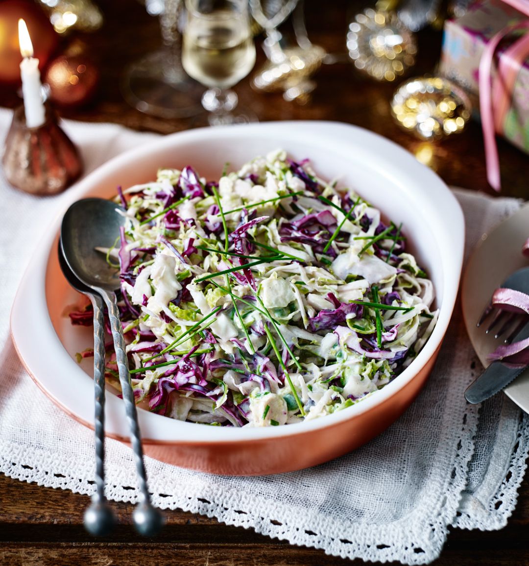 Colourful three-cabbage slaw with lemon buttermilk dressing