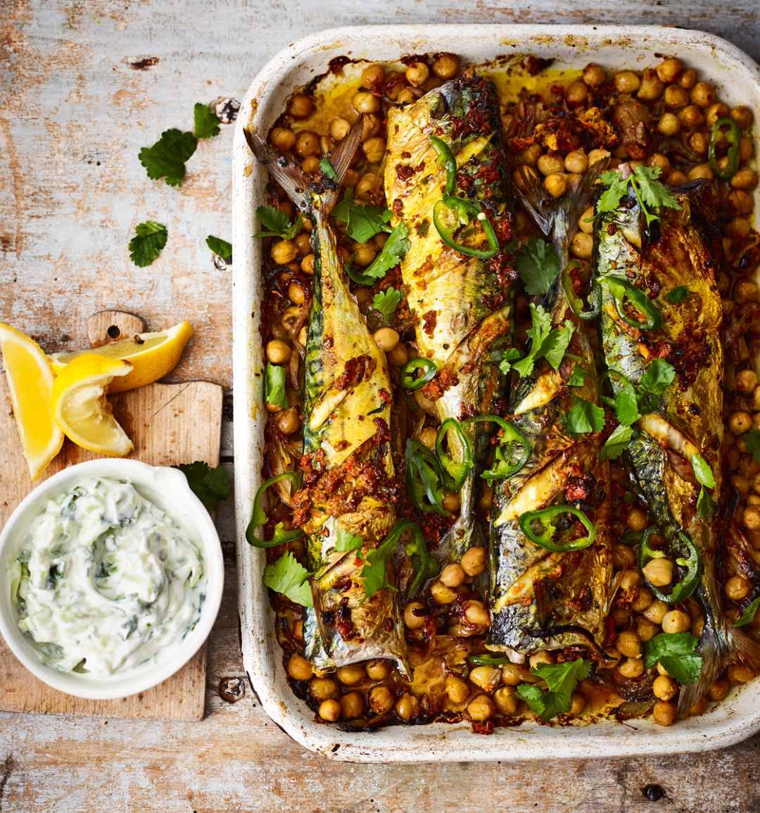 Turmeric roast mackerel with spiced chickpeas and raita