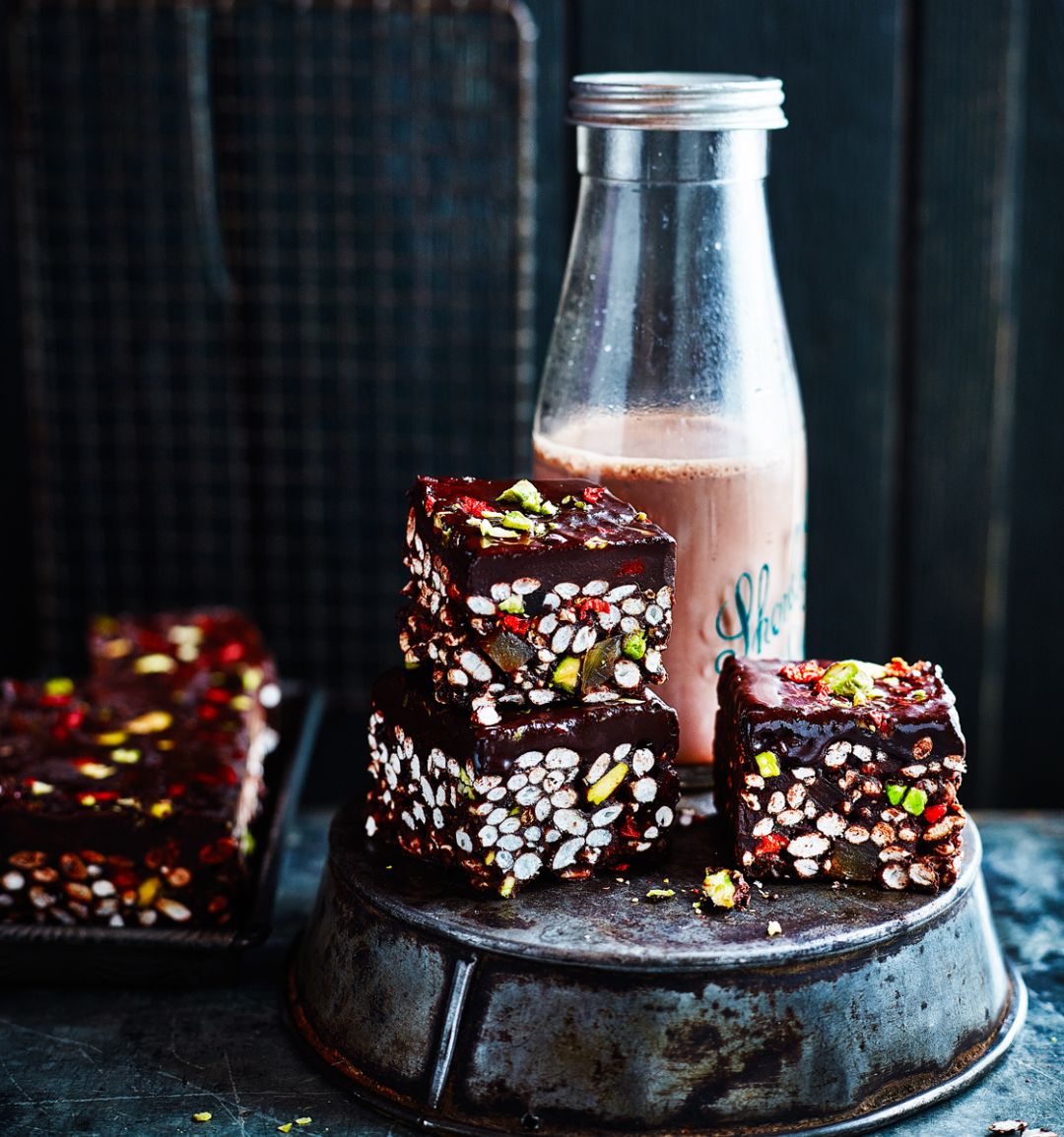 Coconut and cacao crispie squares