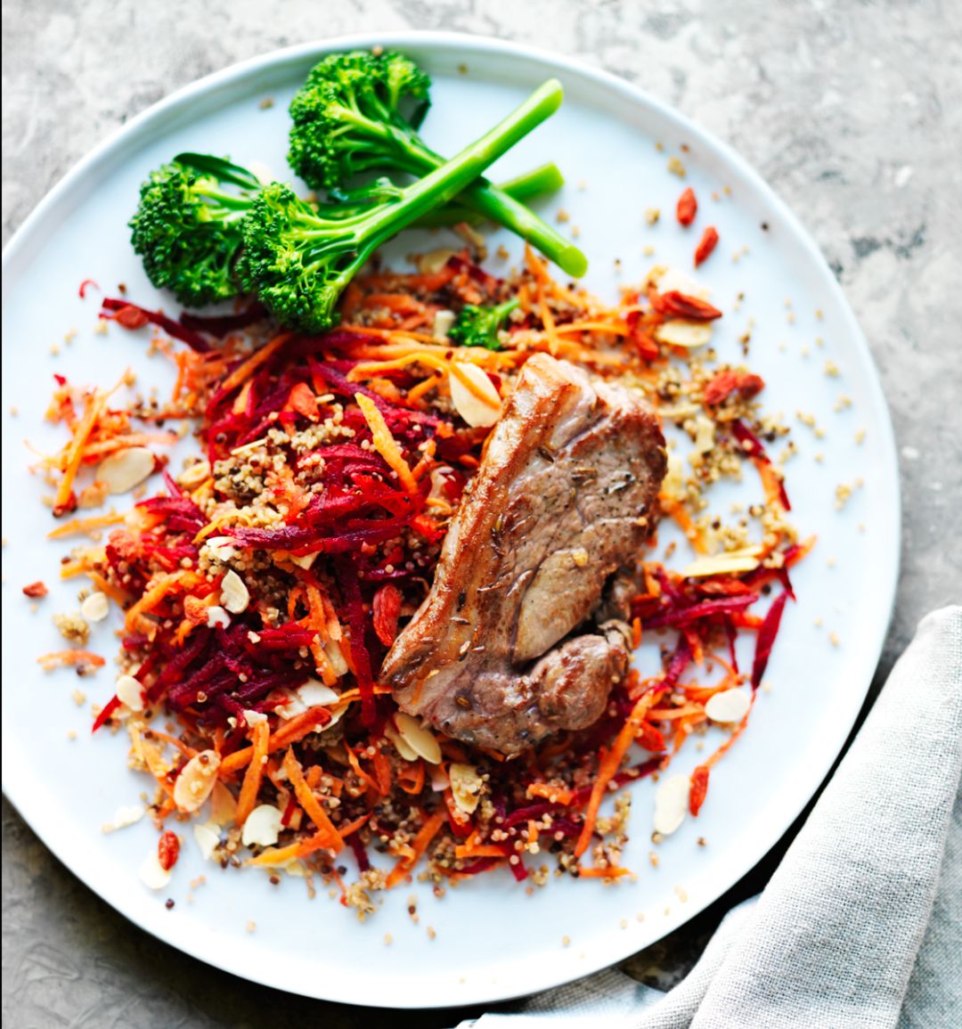 Lamb steaks with beetroot, carrot and almond quinoa salad
