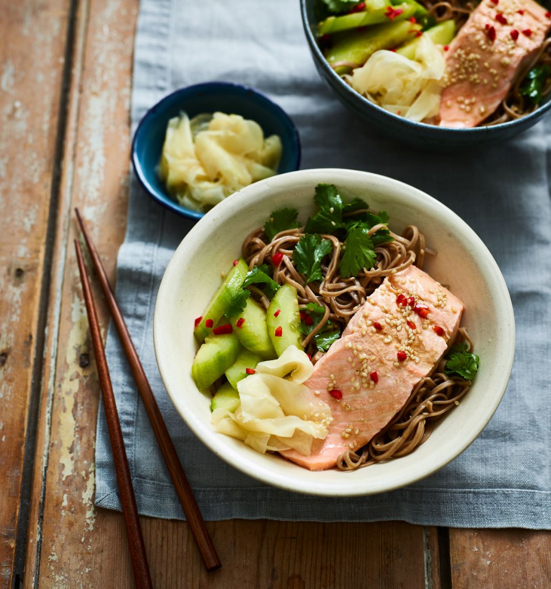 Ginger salmon with sesame noodles and cucumber salad