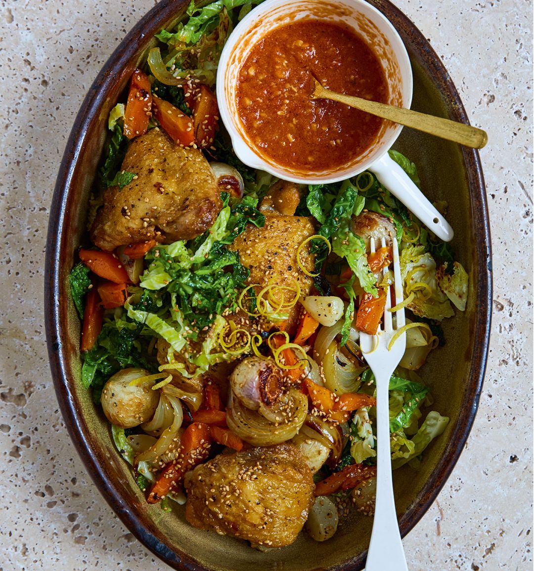 Sesame roast chicken with tomato gravy