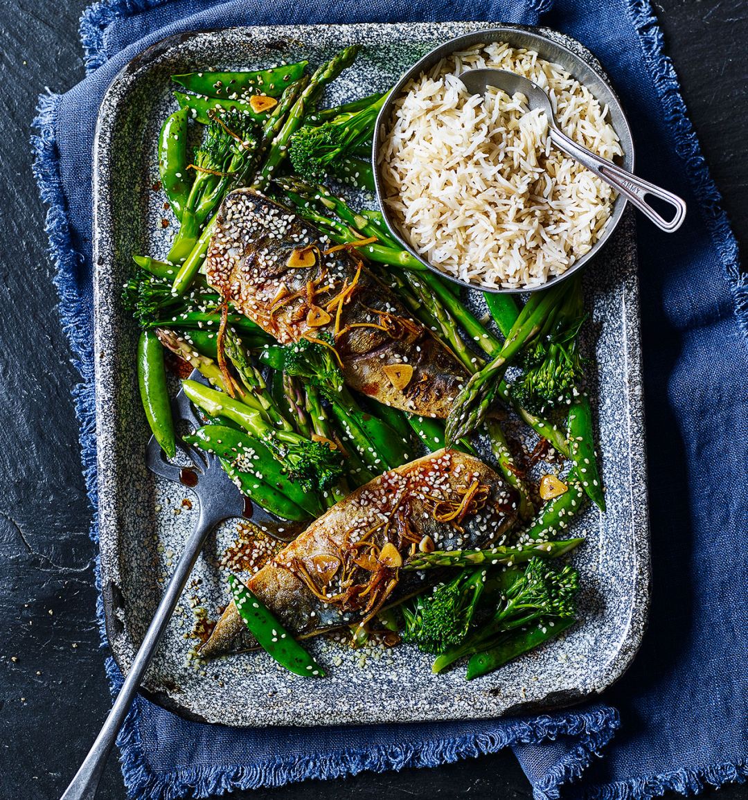 Traybaked teriyaki mackerel with greens