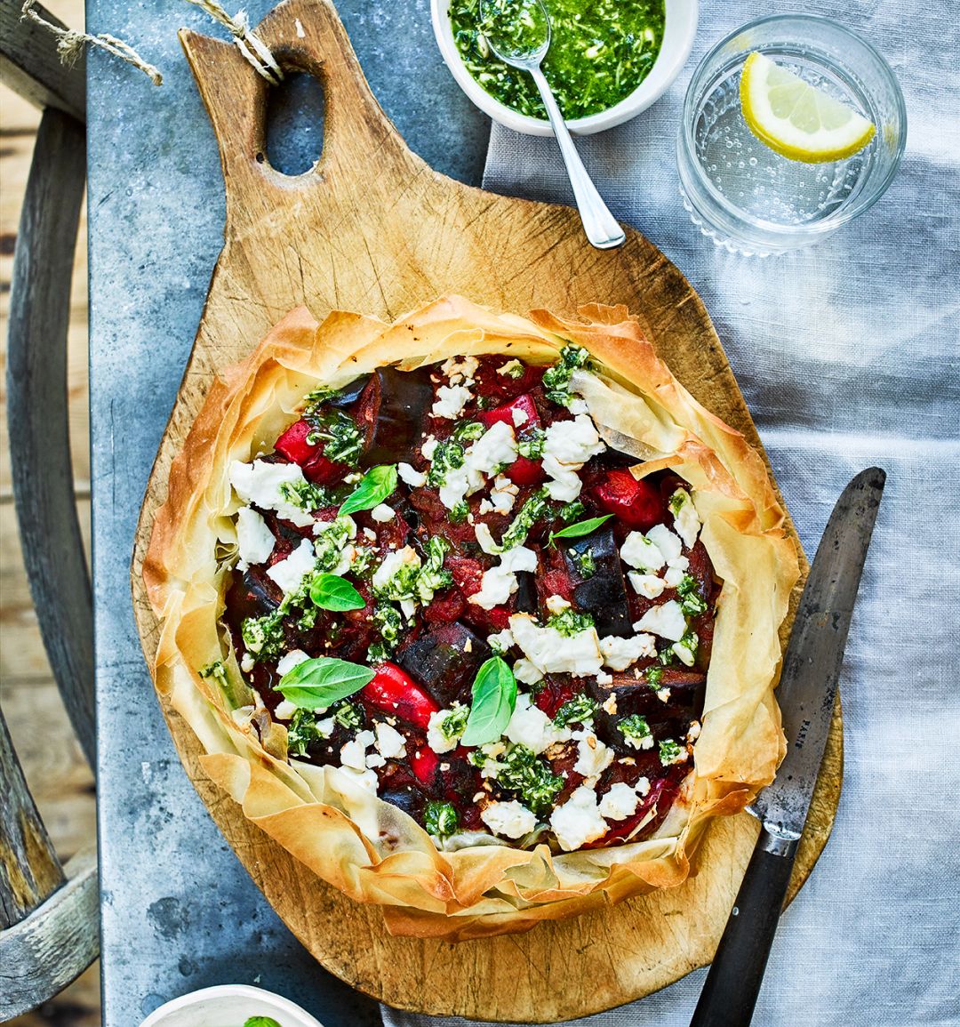 Aubergine, feta and pesto pie