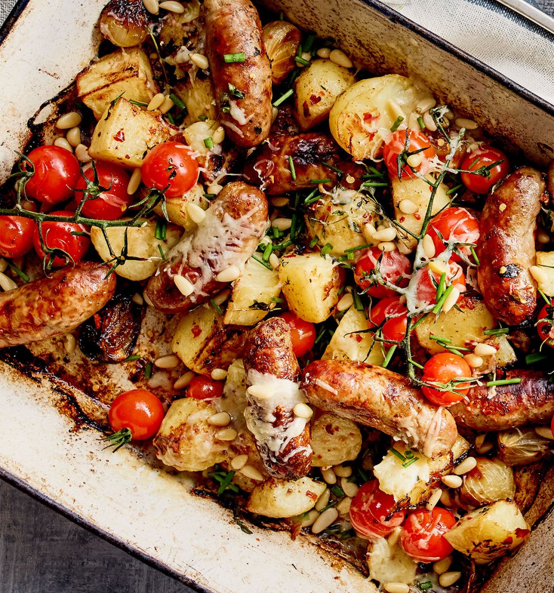All-in one sausage and crispy potato bake