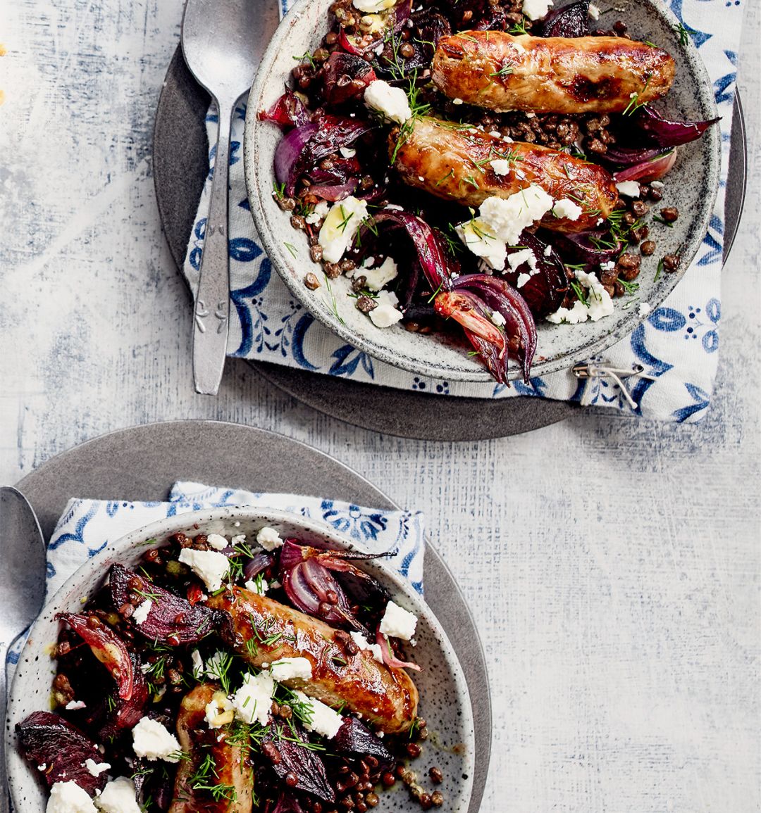 Sausages with mustardy lentils, beetroot and feta