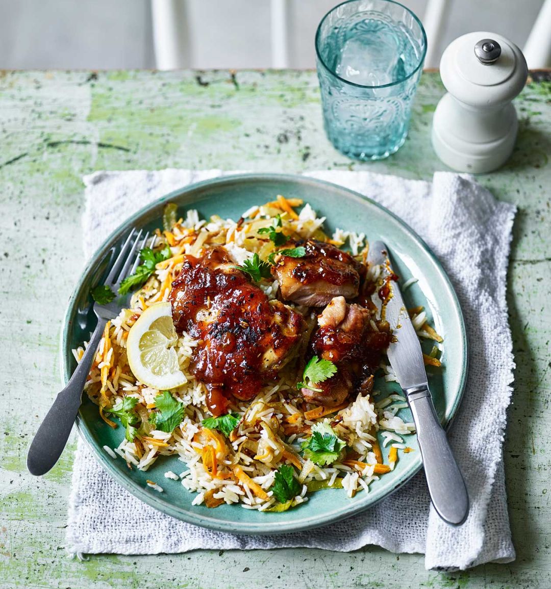 Sticky mango chicken with fragrant pilau 