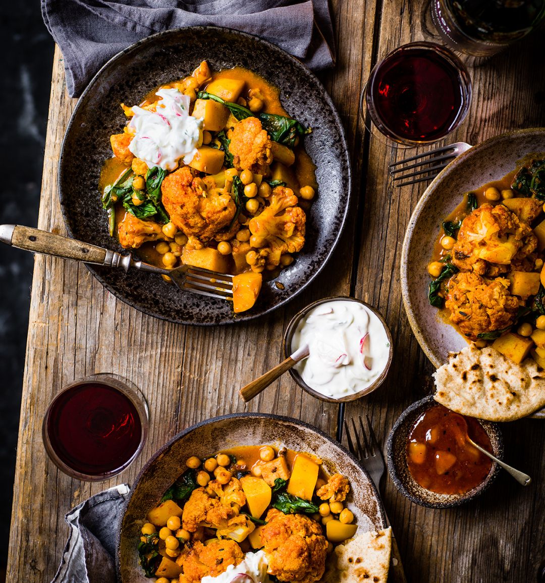 Aromatic veggie curry with radish raita