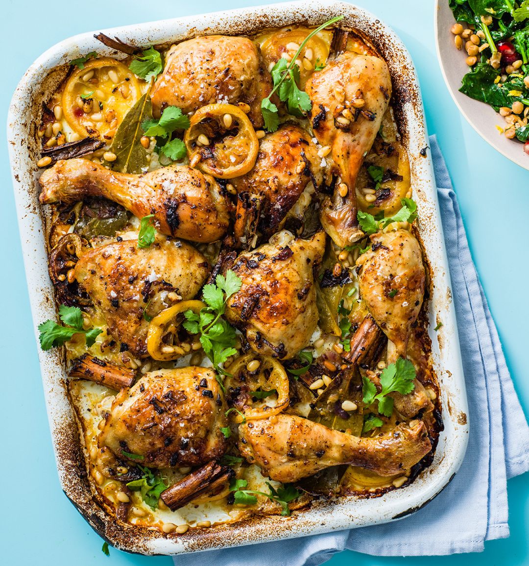 Spiced chicken traybake with spinach and lentils 