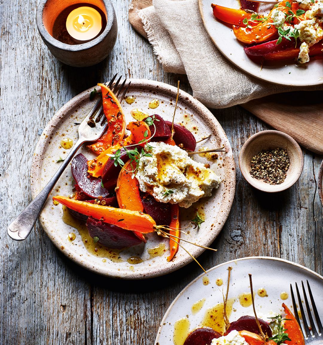 Honey-roasted winter veg with lemon ricotta