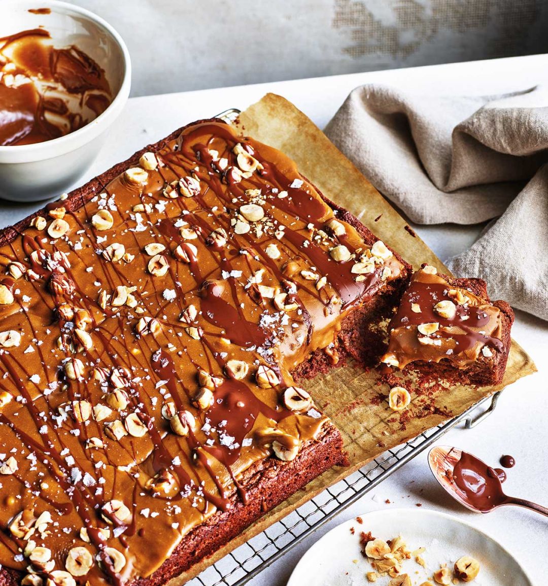 Chocolate hazelnut traybake with salted caramel icing