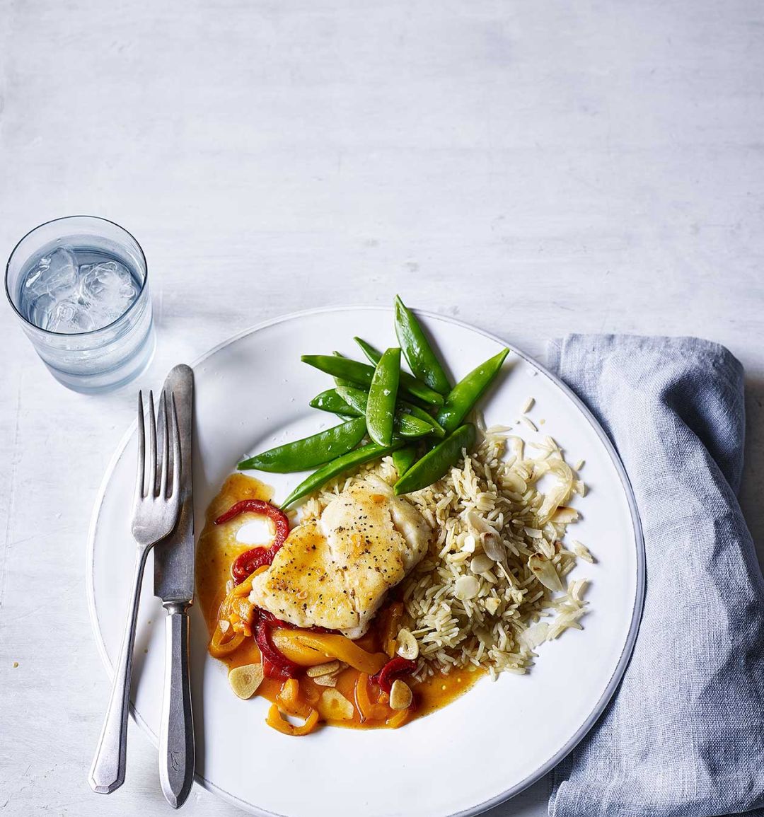 Spanish-style hake with almond rice