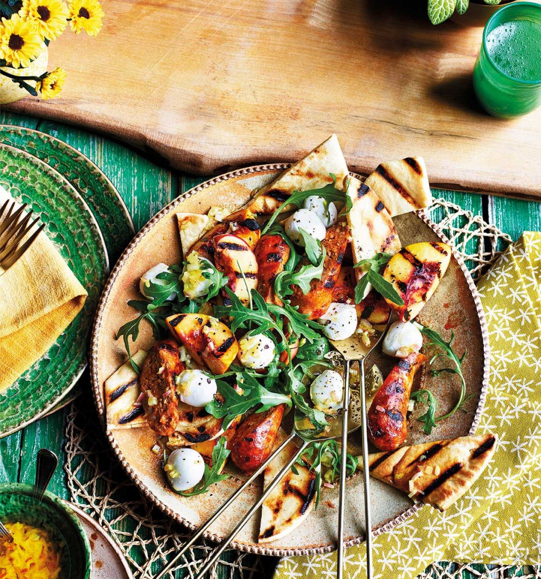 Charred chorizo, peach & pitta panzanella 