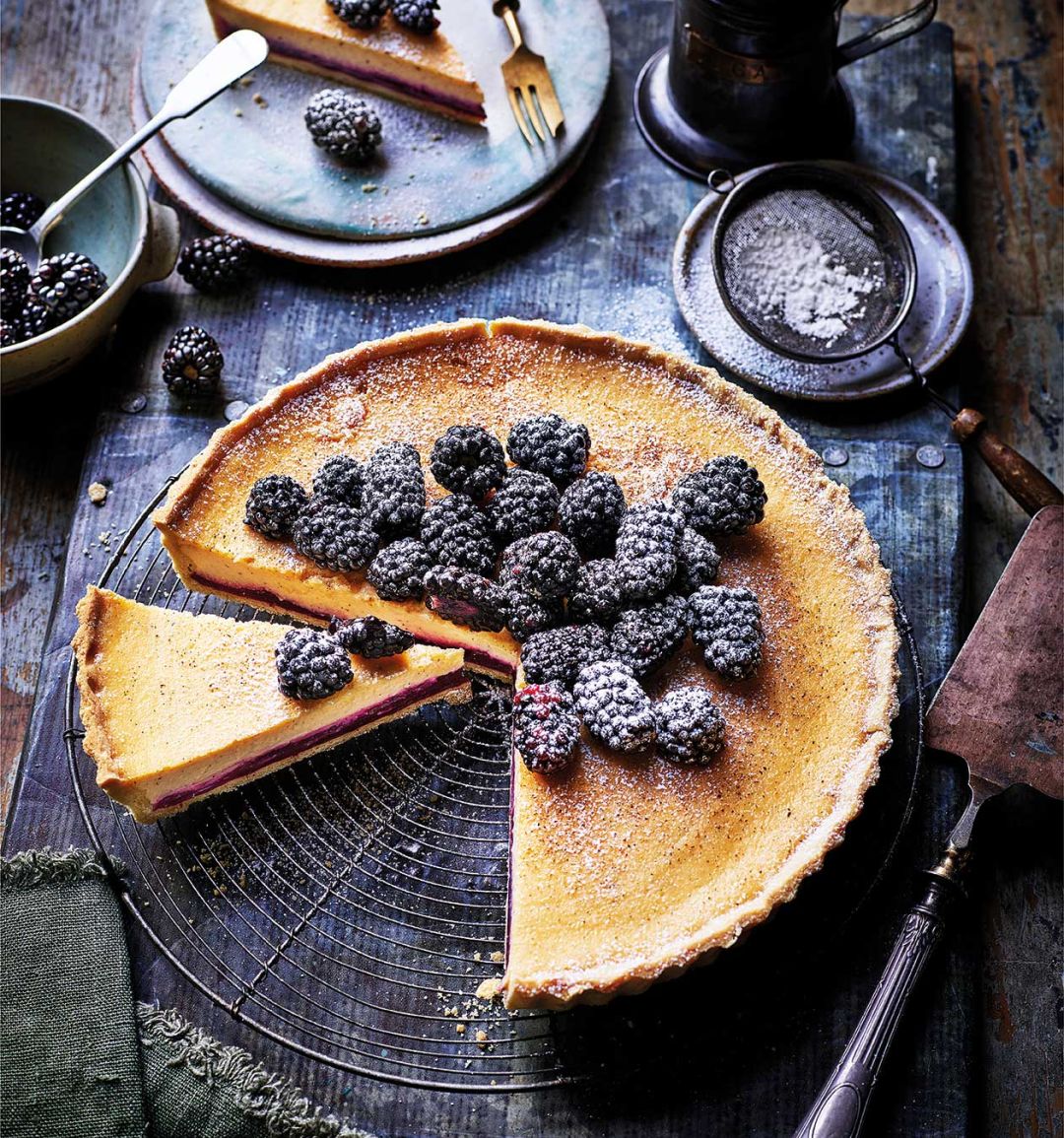 Blackberry and bay custard tart