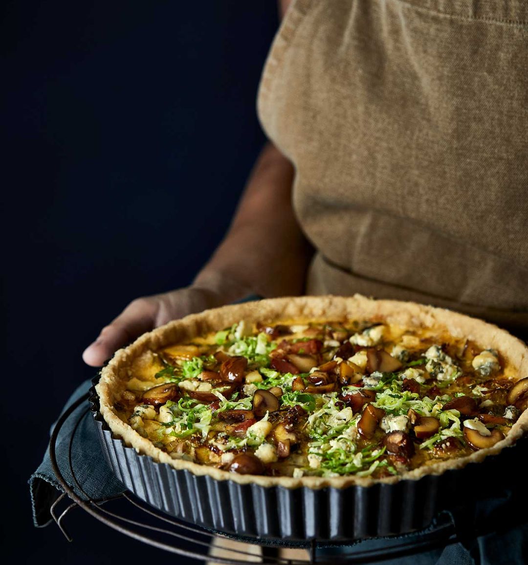 Brussels sprout, chestnut and bacon tart