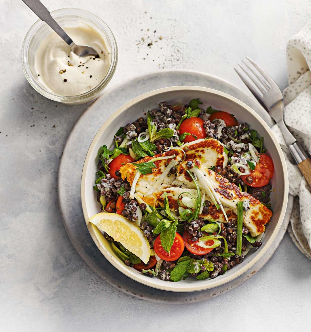Halloumi with lentil tabbouleh