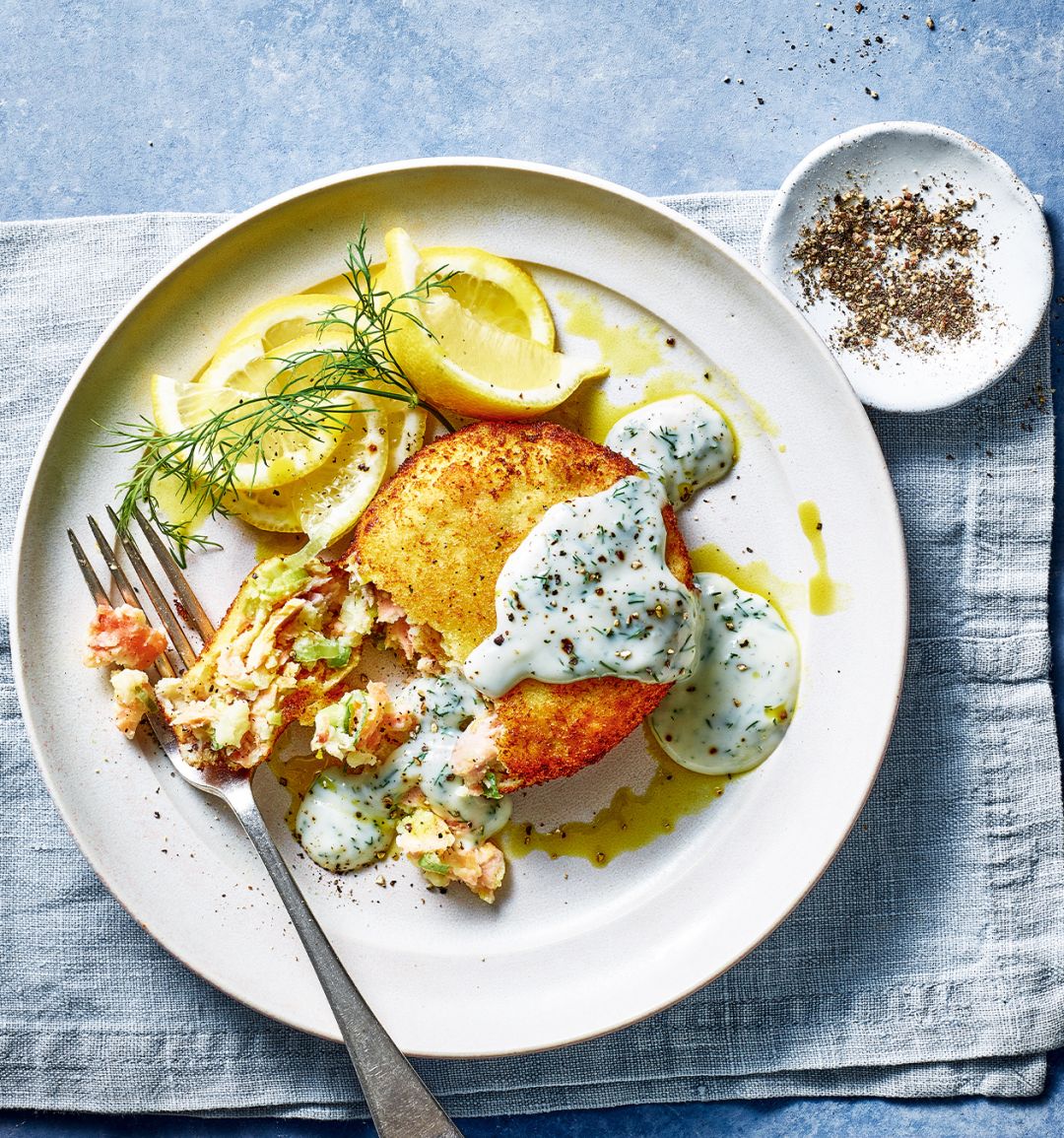 Double-salmon fishcakes with dill sauce