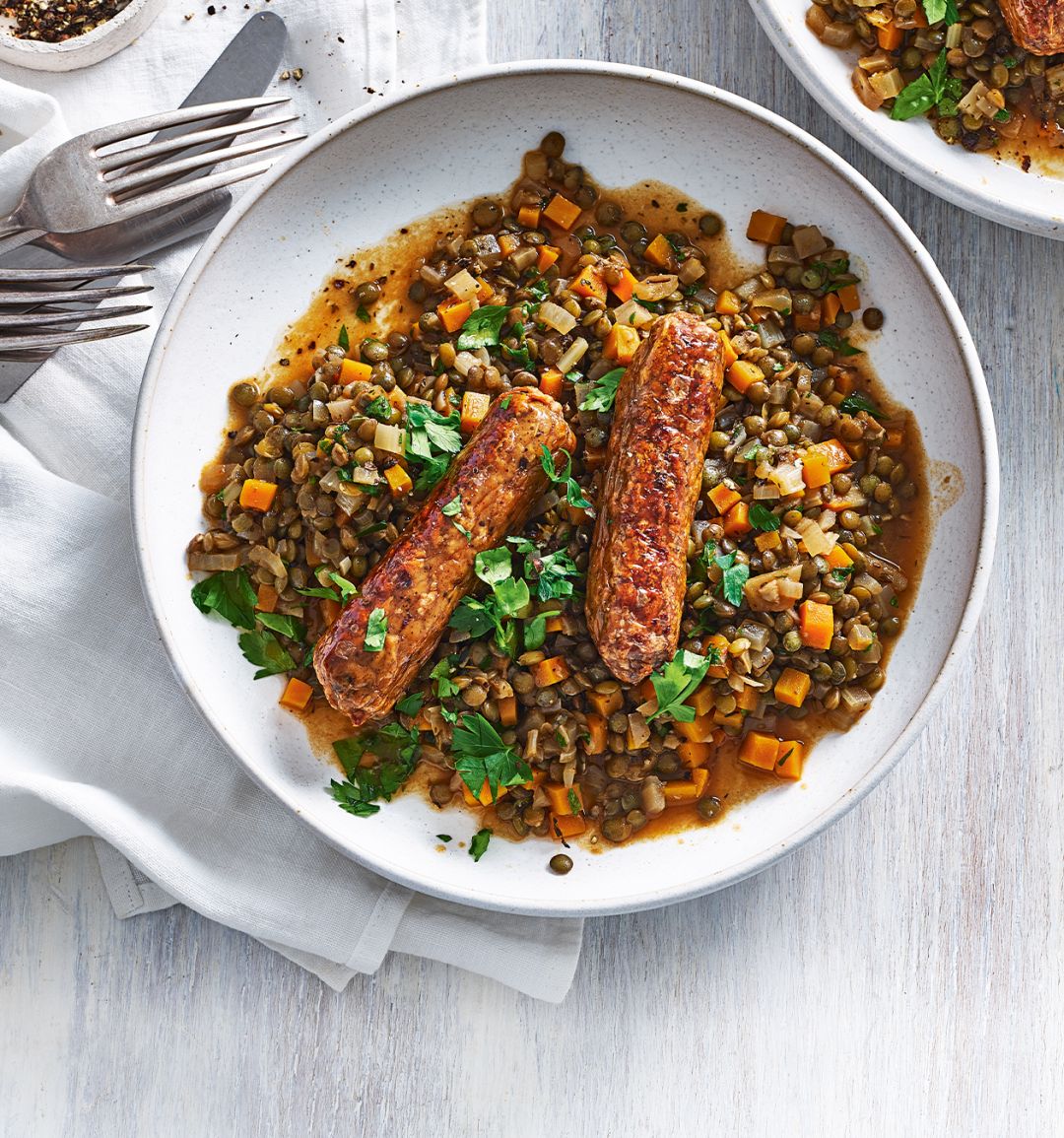 Sausages with lentil ragout