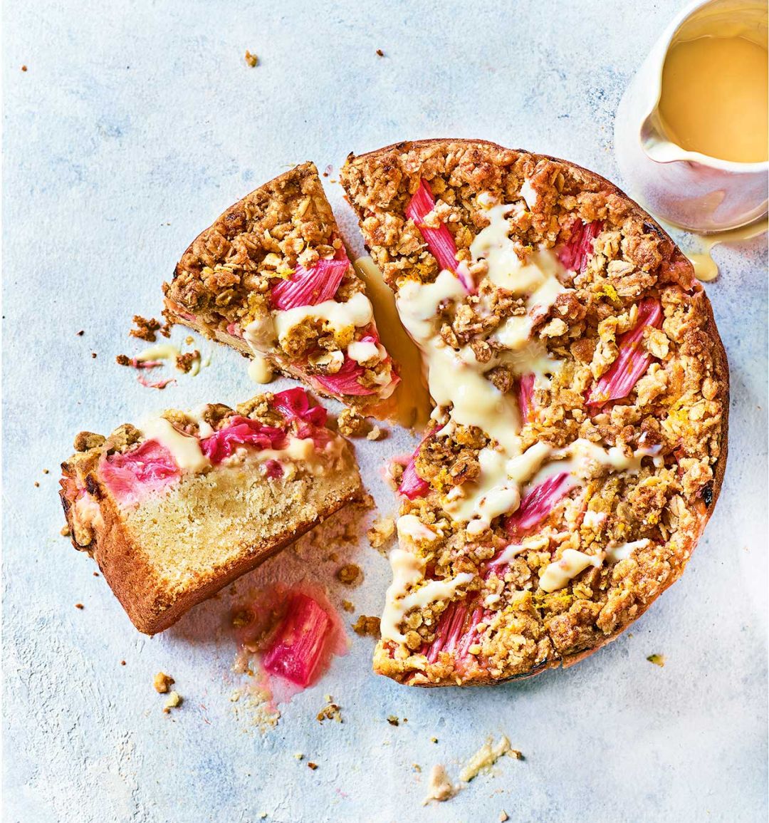 Rhubarb and custard buckle cake