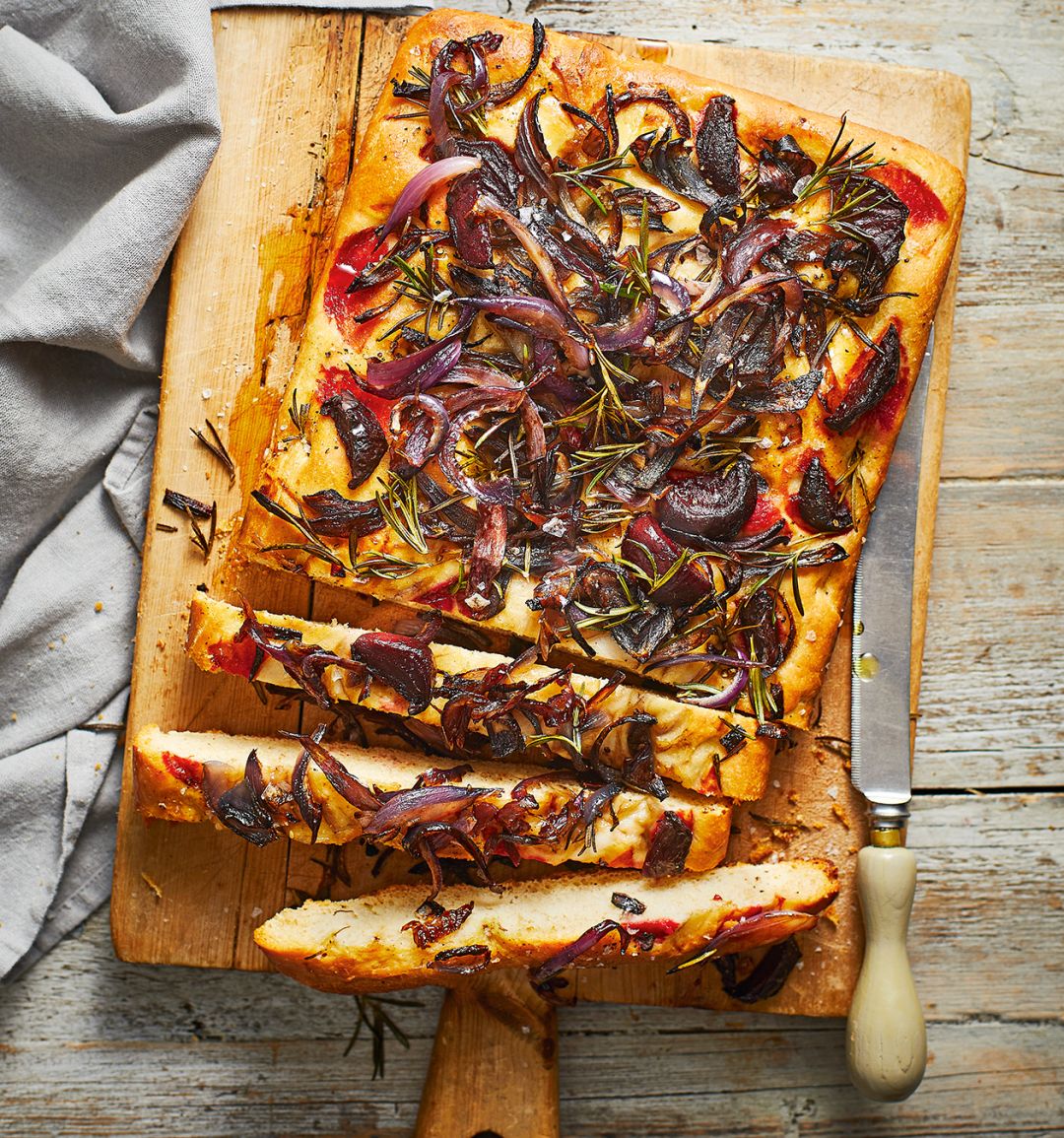 Roasted beetroot and red onion focaccia