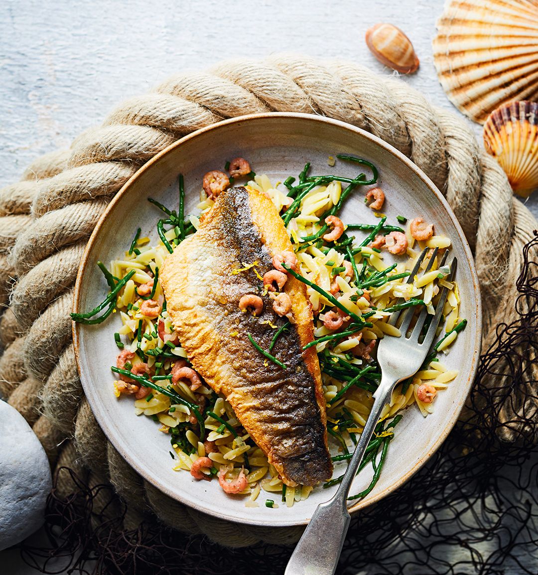 Sea bass with buttered brown shrimp orzo