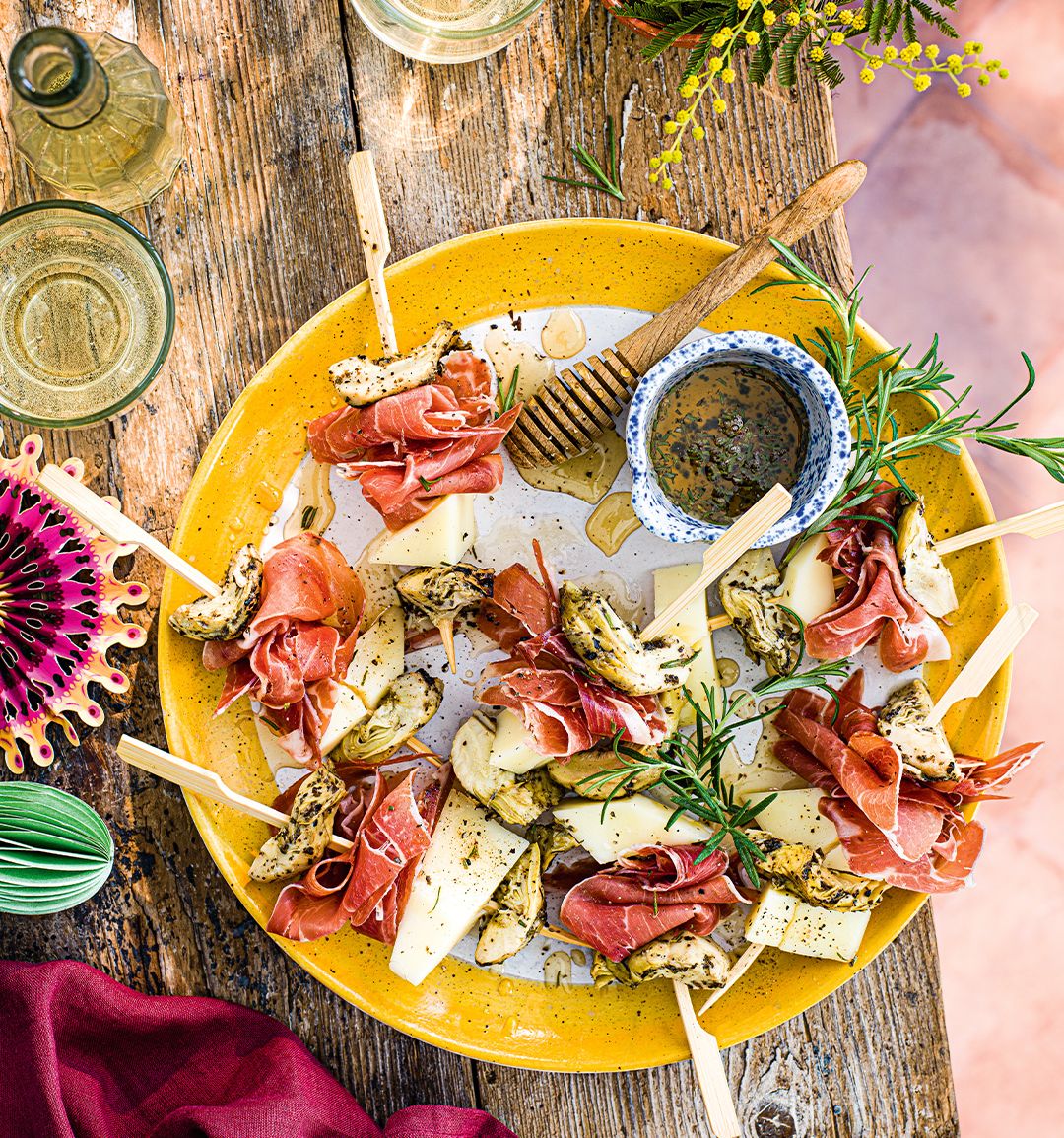 Artichoke, Manchego, Serrano ham and honey pintxos