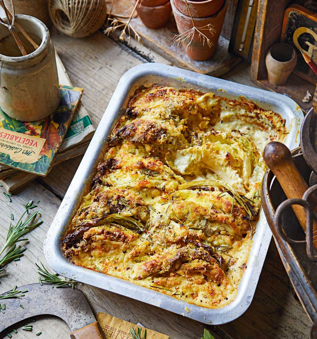 Savoy cabbage gratin with herby cheddar crumbs