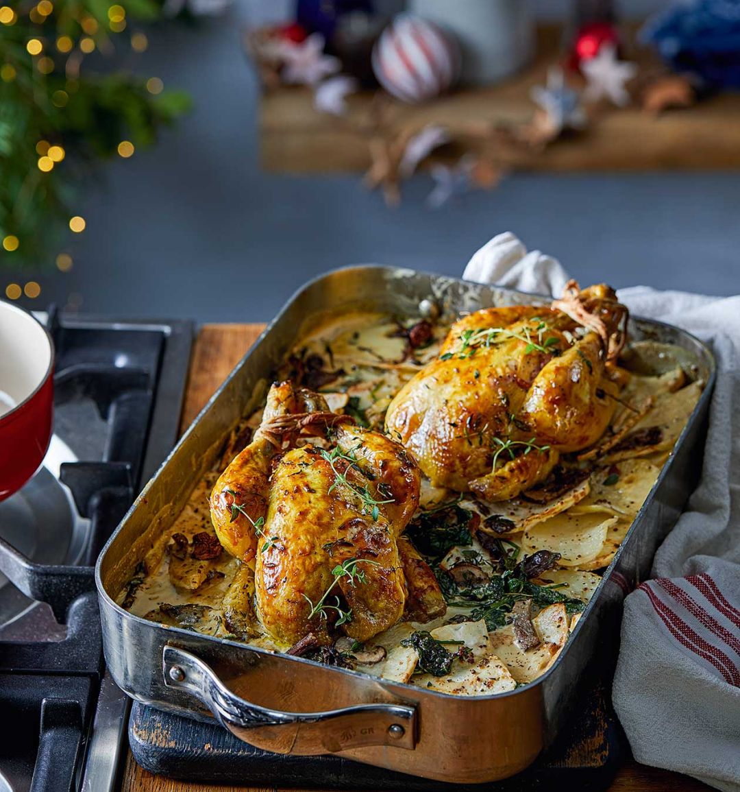Poussins with potato, celeriac and porcini gratin
