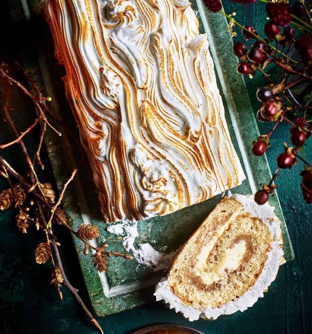 Spiced chestnut and white chocolate yule log