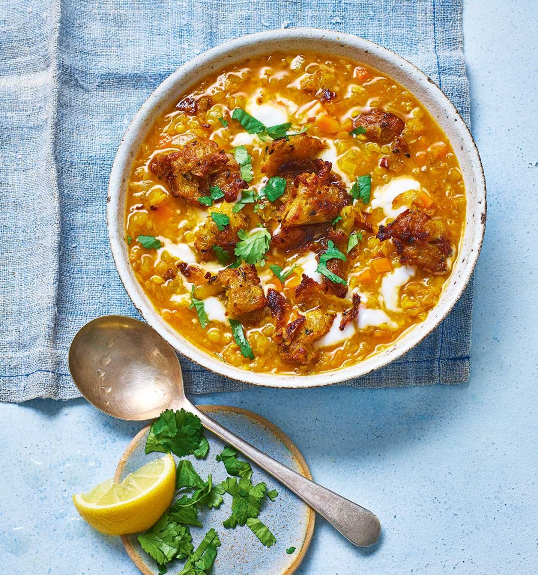 Spiced carrot and lentil soup with bhajia nuggets