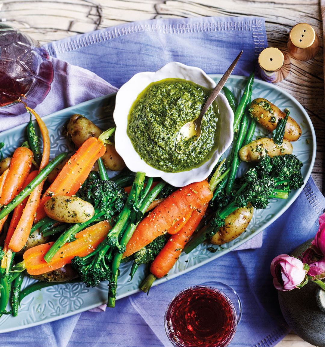 Spring veg with coriander-mint pesto