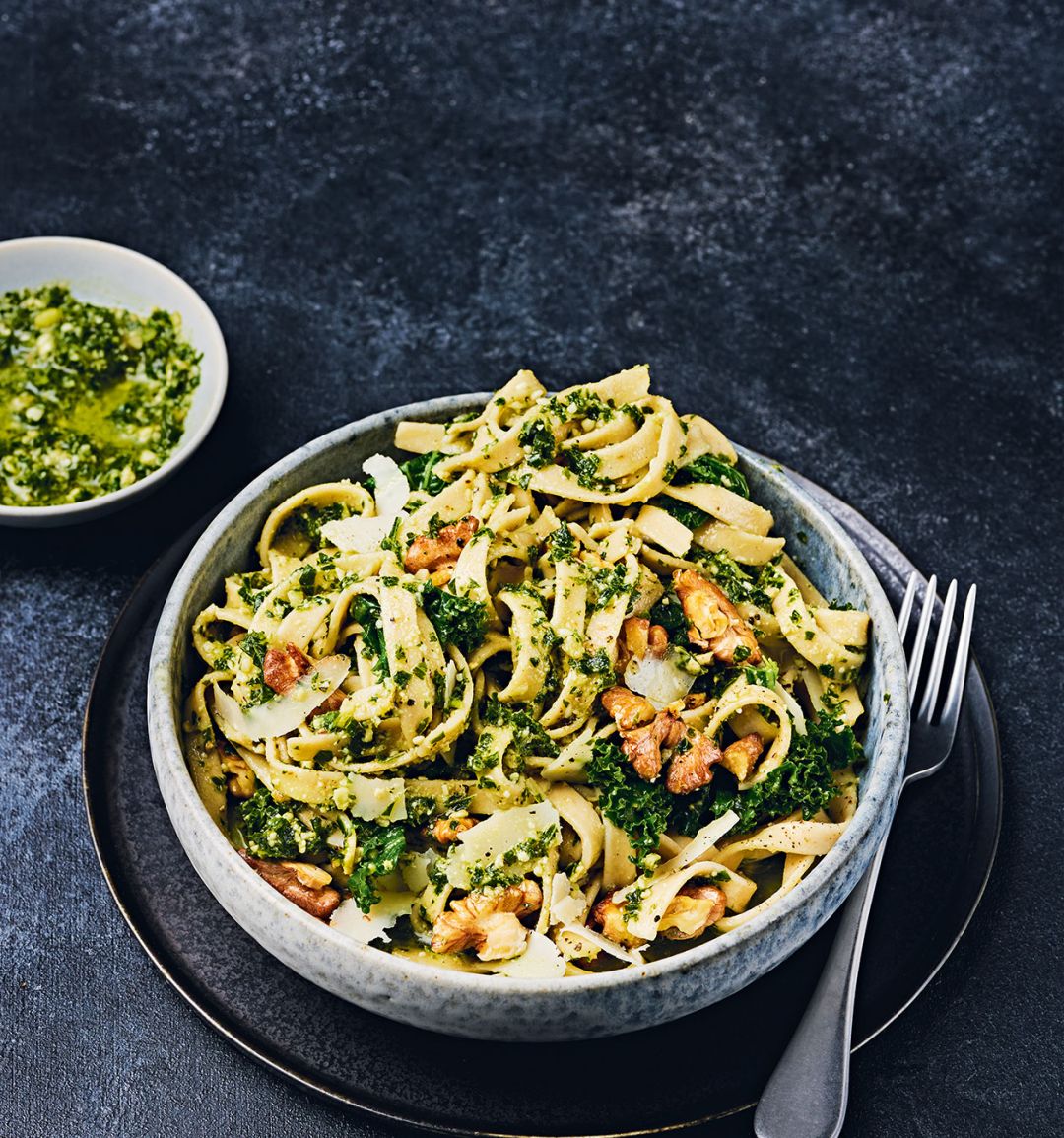 Tagliatelle with walnut and kale pesto
