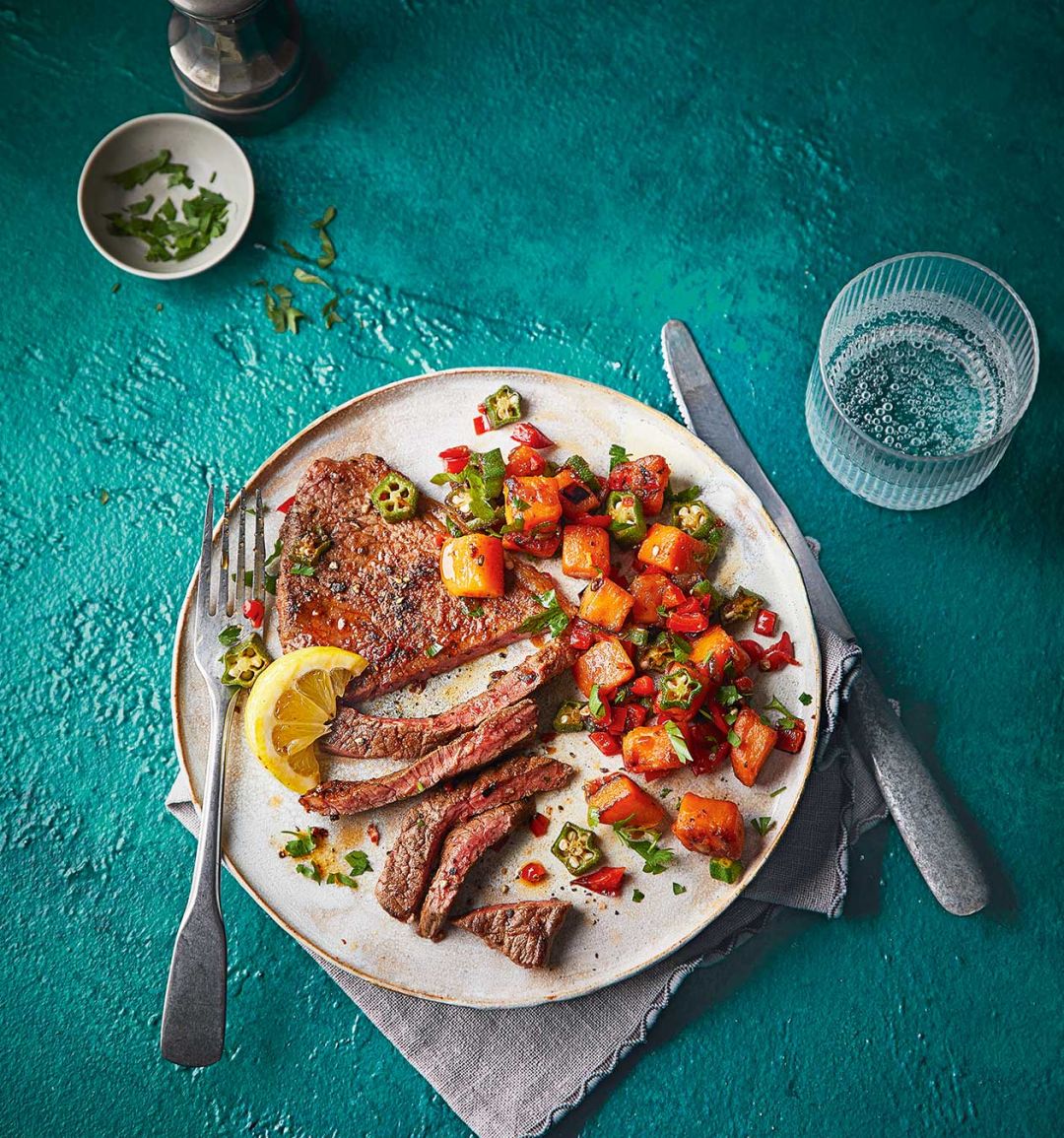 Steak with sweet potato succotash