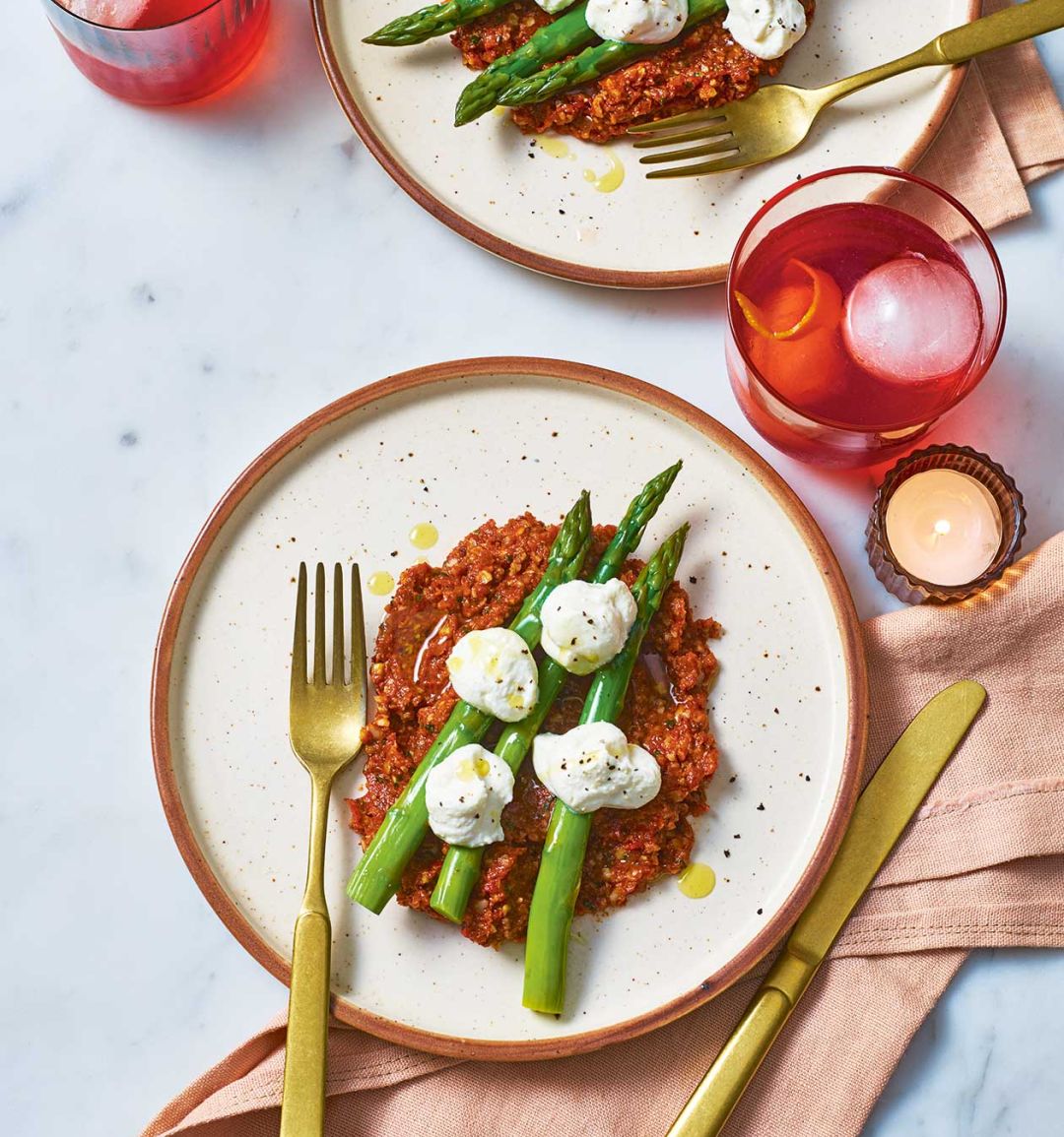 Asparagus with whipped ricotta and romesco sauce