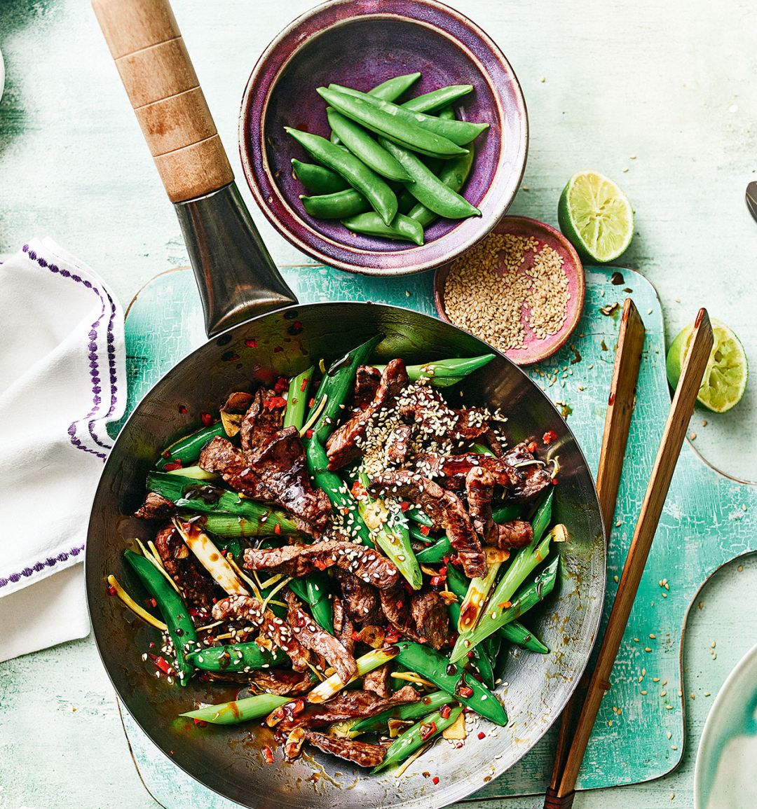 Sticky sesame beef and spring onion stir-fry