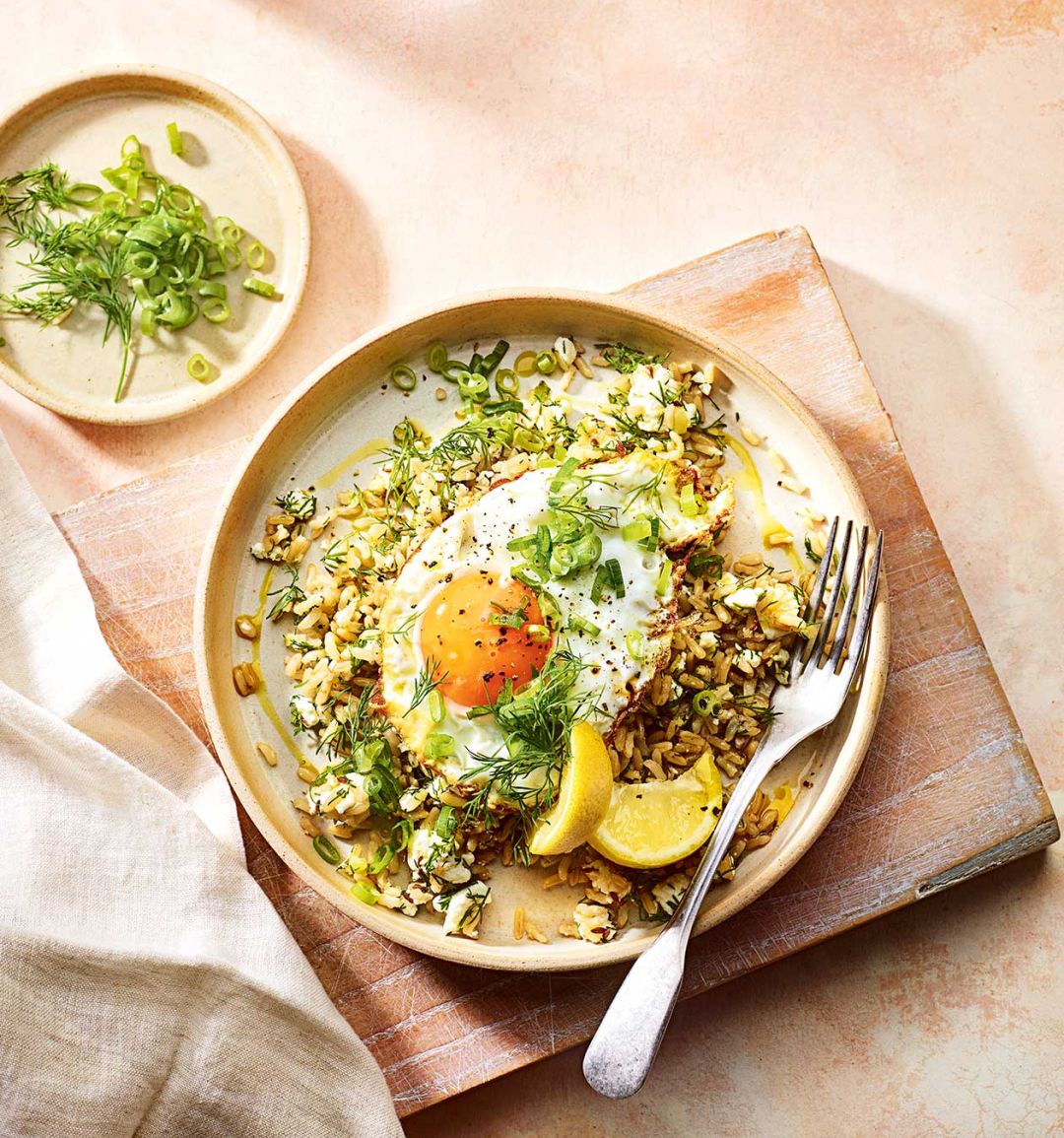 Dill and feta rice with crispy fried eggs