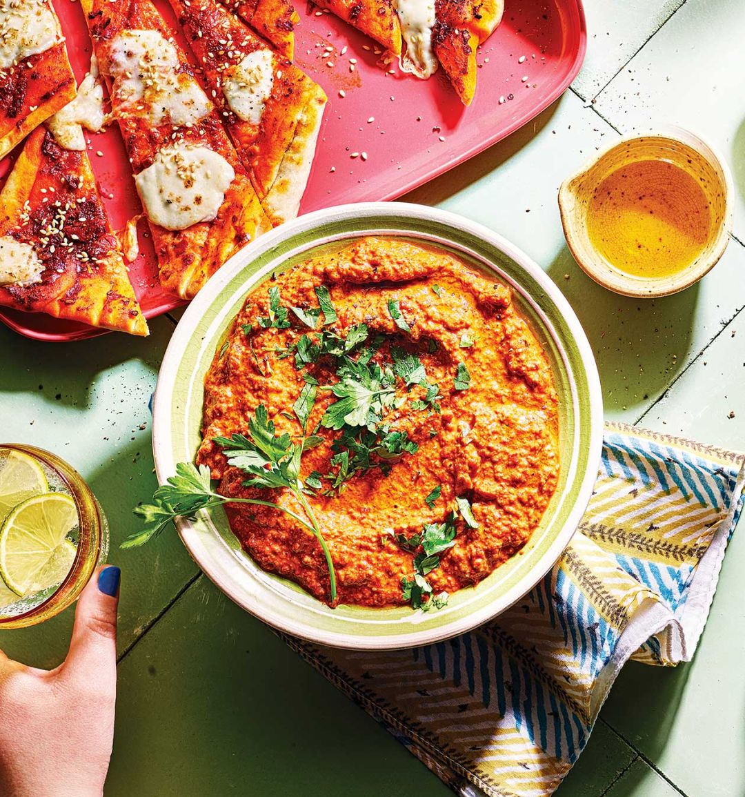 Muhammara with spicy cheese flatbreads