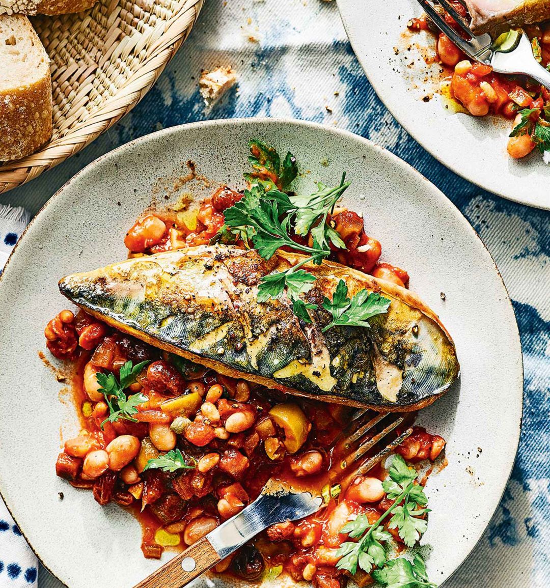 Sicilian-style mackerel with white beans and caponata