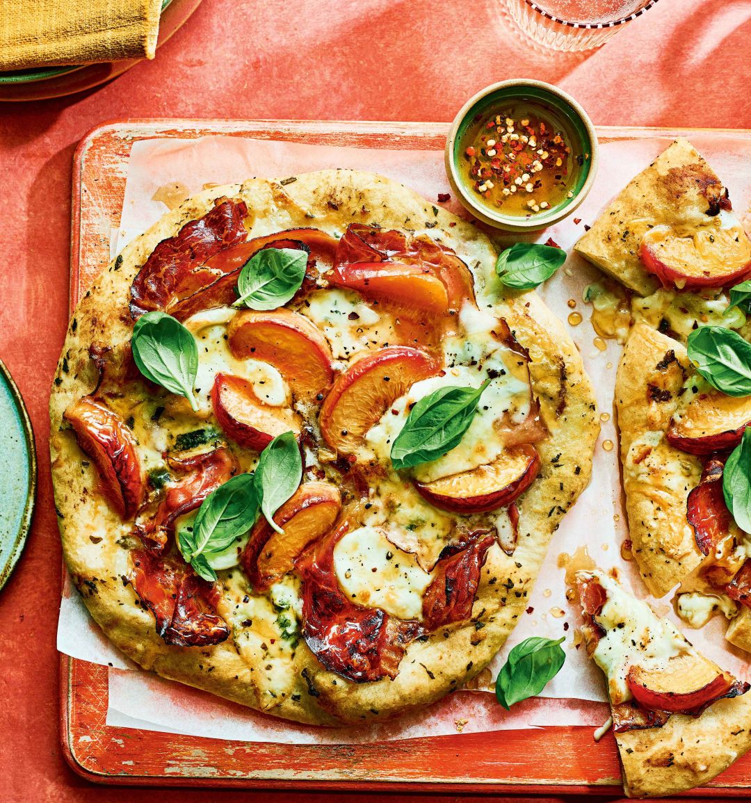 Dolcelatte, prosciutto and pickled peach pizza with hot honey