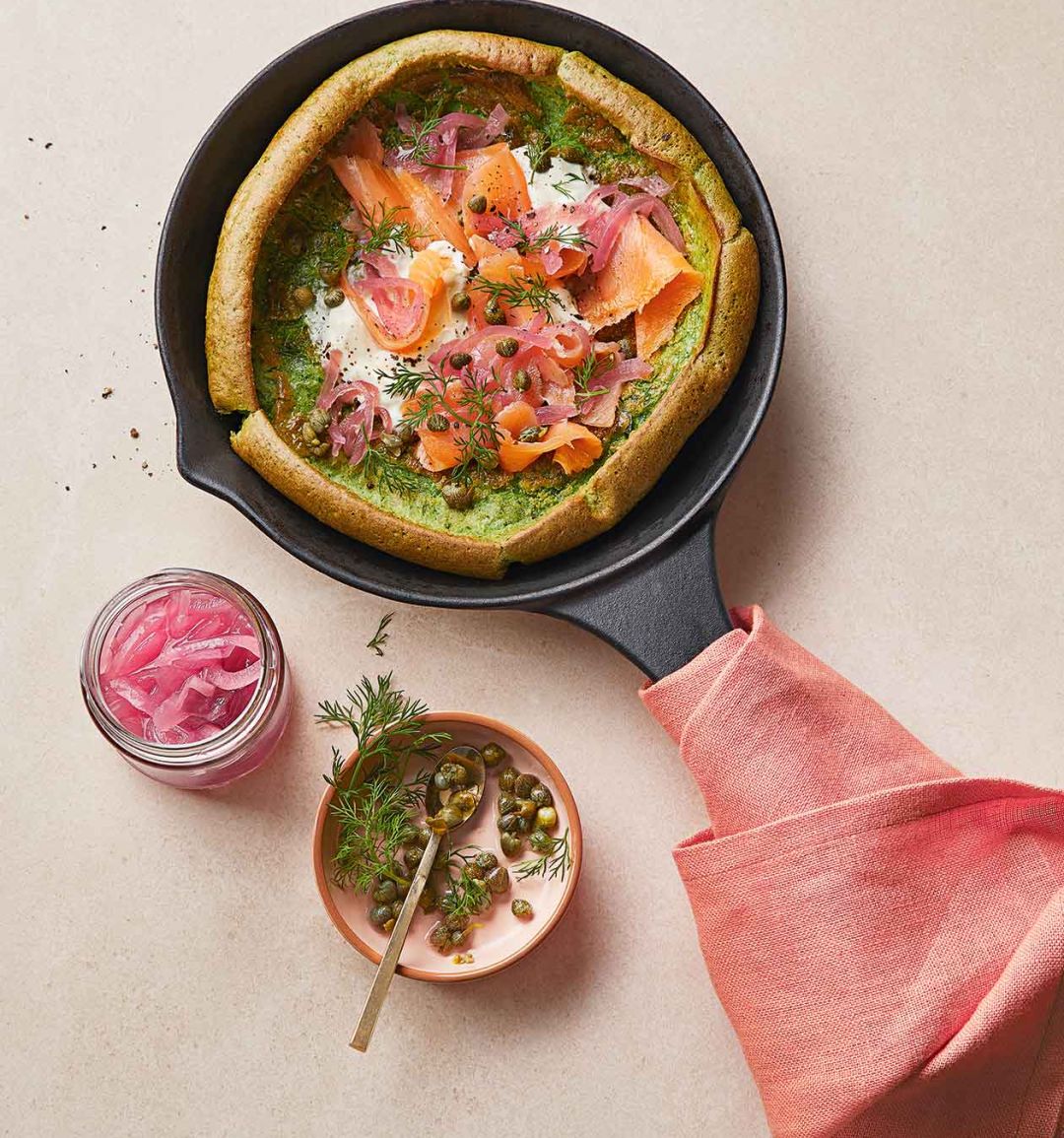 Spinach dutch baby with smoked salmon
